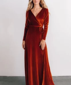 BB Custom Esmerelda Velvet Wrap Maxi Dress | Rust 16 BB Custom Esmerelda Velvet Wrap Maxi Dress | Rust