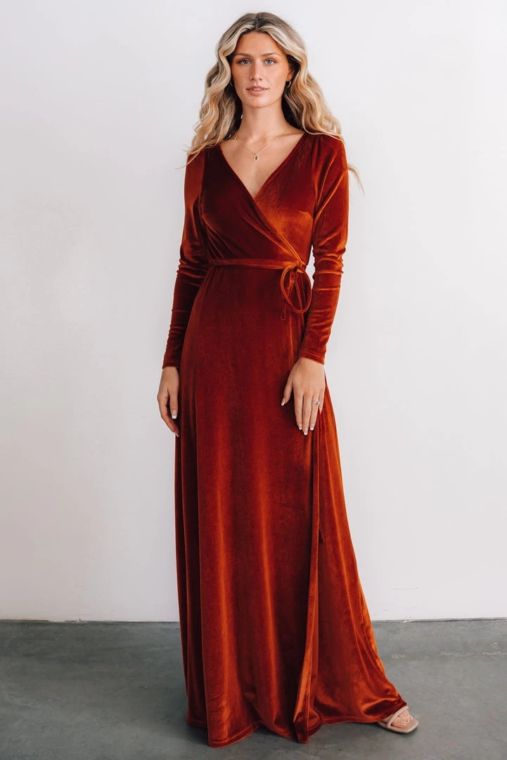 BB Custom Esmerelda Velvet Wrap Maxi Dress | Rust 8 BB Custom Esmerelda Velvet Wrap Maxi Dress | Rust