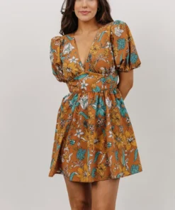 FT Dresses Finland Balloon Sleeve Mini Dress | Camel Floral