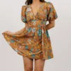 FT Dresses Finland Balloon Sleeve Mini Dress | Camel Floral