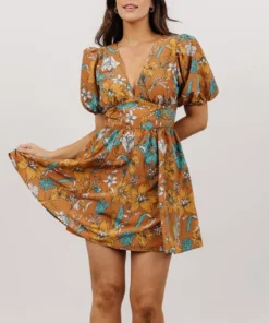 FT Dresses Finland Balloon Sleeve Mini Dress | Camel Floral