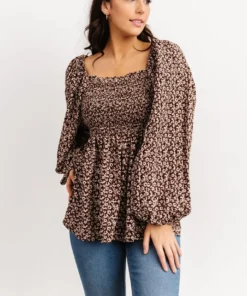 HAY Greta Long Sleeve Peasant Top | Brown Floral