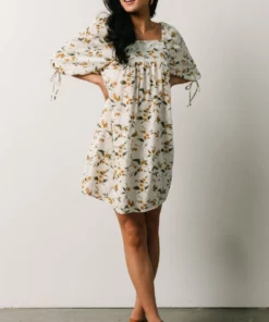 HAY Hallie Babydoll Mini Dress | Ivory + Gold Floral Dresses