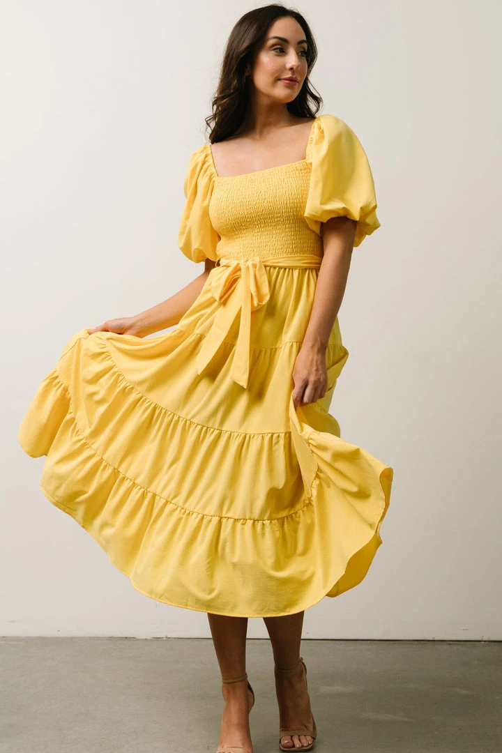 FT Horizon Puff Sleeve Smocked Midi Dress | Bright Yellow 2 FT Horizon Puff Sleeve Smocked Midi Dress | Bright Yellow