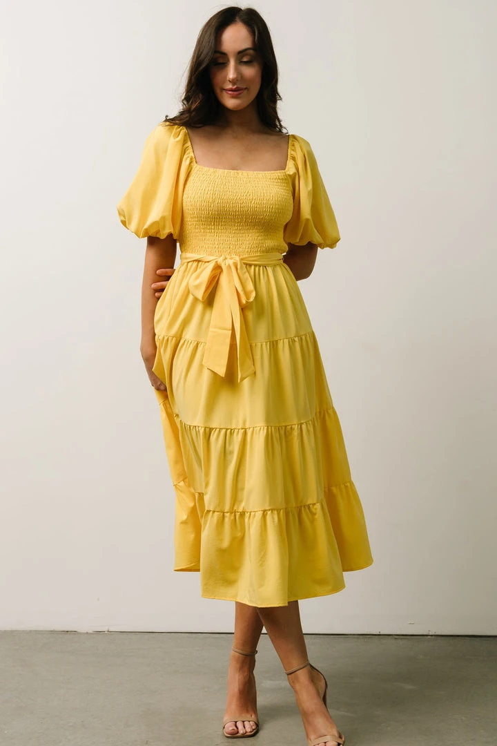 FT Horizon Puff Sleeve Smocked Midi Dress | Bright Yellow 1 FT Horizon Puff Sleeve Smocked Midi Dress | Bright Yellow
