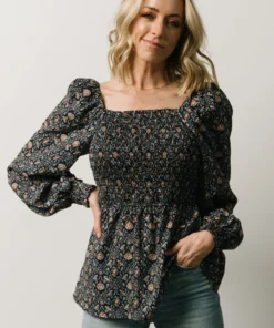 HAY Ida Peasant Top | Navy Multi Floral