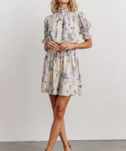 SL Indie Mock Neck Mini Dress | Cream + Blue Floral Dresses