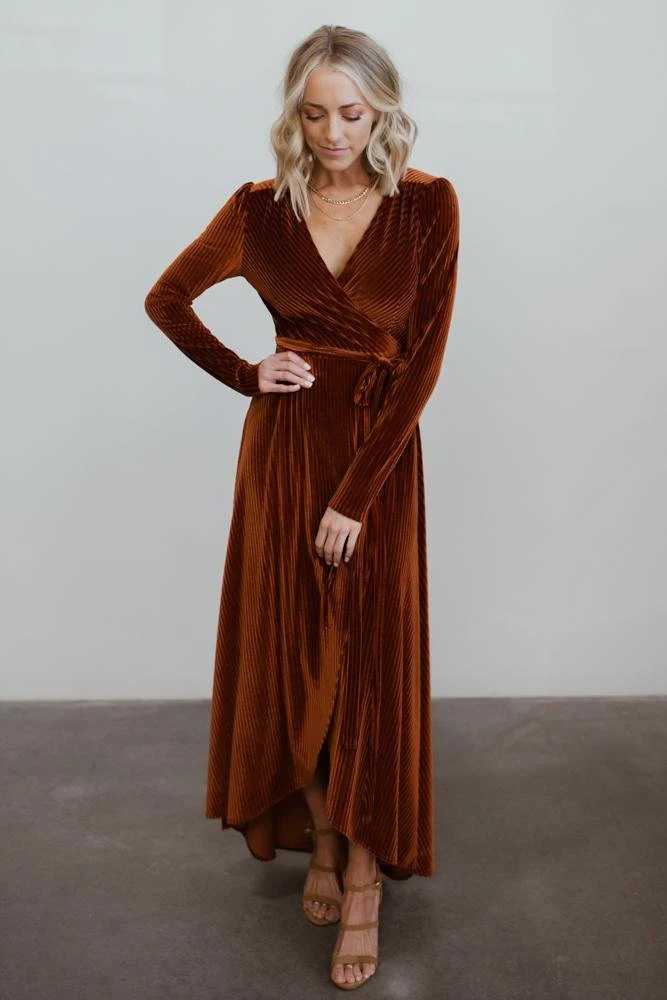 BB Custom Jada Ribbed Velvet Wrap Dress | Copper 1 BB Custom Jada Ribbed Velvet Wrap Dress | Copper