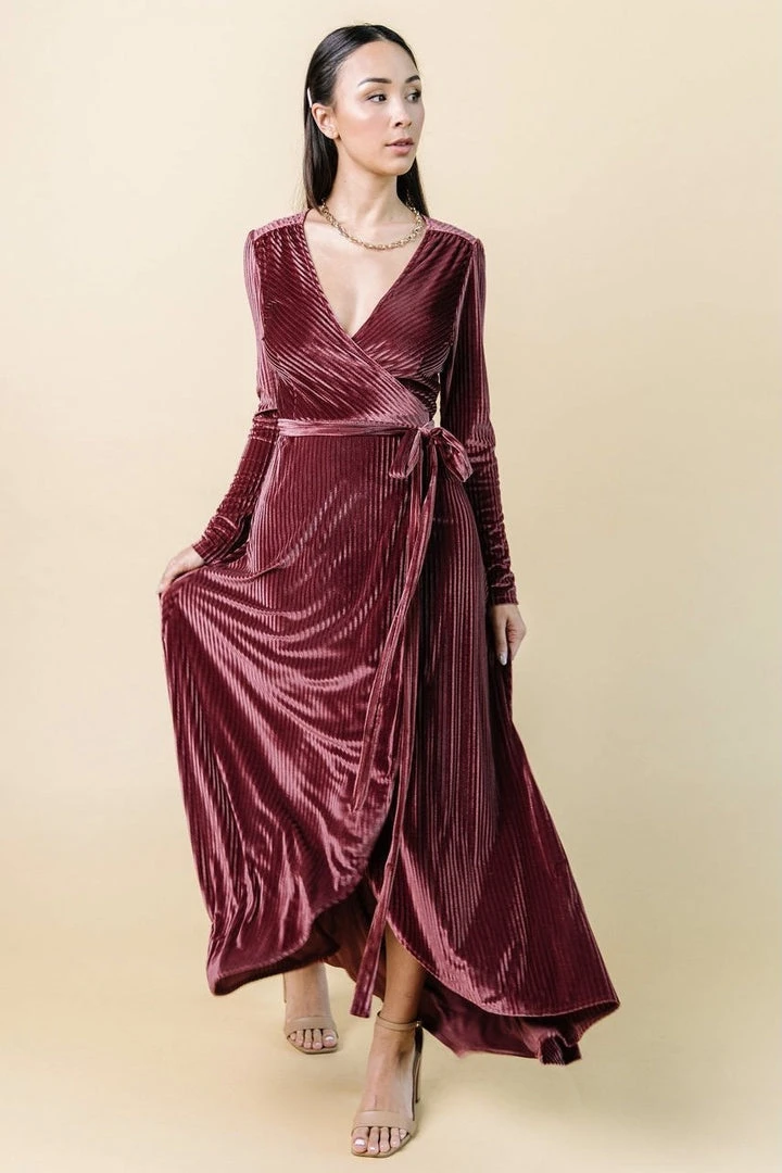 BB Custom Jada Ribbed Velvet Wrap Dress | Dark Rose 3 BB Custom Jada Ribbed Velvet Wrap Dress | Dark Rose