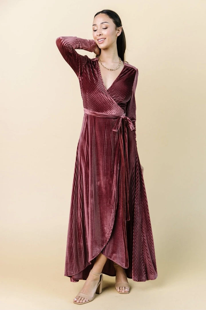 BB Custom Jada Ribbed Velvet Wrap Dress | Dark Rose 6 BB Custom Jada Ribbed Velvet Wrap Dress | Dark Rose