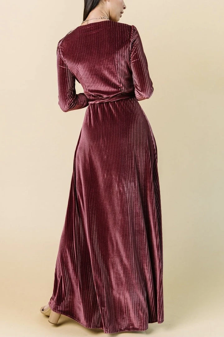 BB Custom Jada Ribbed Velvet Wrap Dress | Dark Rose 9 BB Custom Jada Ribbed Velvet Wrap Dress | Dark Rose