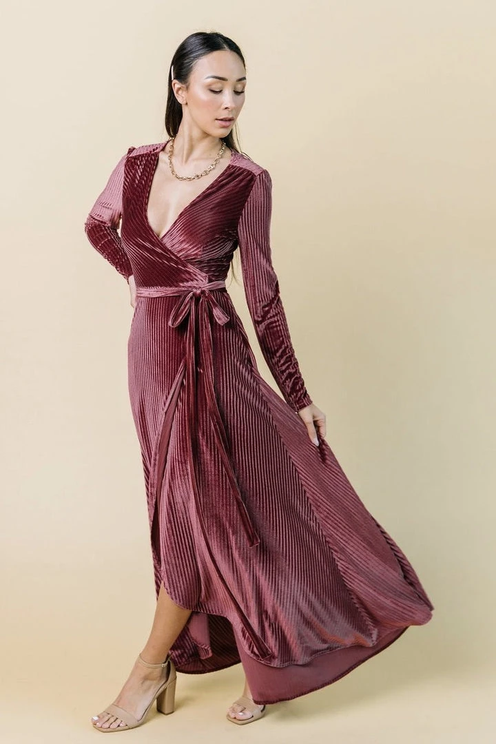 BB Custom Jada Ribbed Velvet Wrap Dress | Dark Rose 4 BB Custom Jada Ribbed Velvet Wrap Dress | Dark Rose