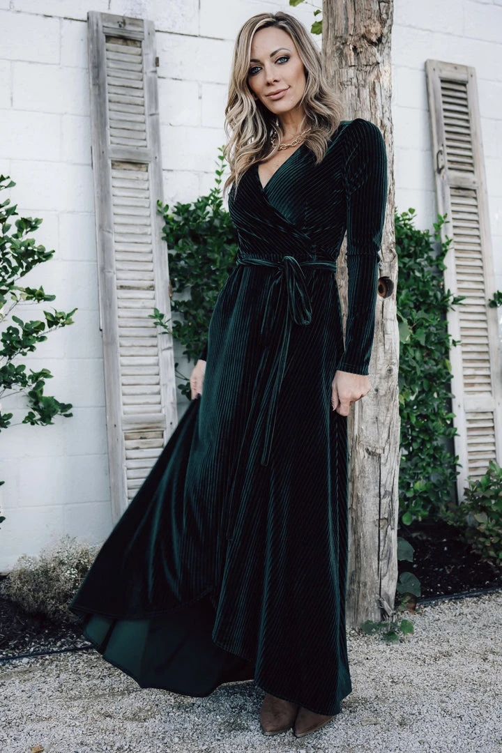 BB Custom Jada Ribbed Velvet Wrap Dress | Emerald 1 BB Custom Jada Ribbed Velvet Wrap Dress | Emerald