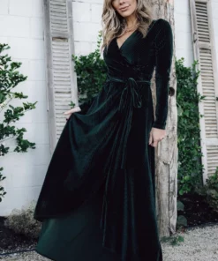 BB Custom Jada Ribbed Velvet Wrap Dress | Emerald 19 BB Custom Jada Ribbed Velvet Wrap Dress | Emerald