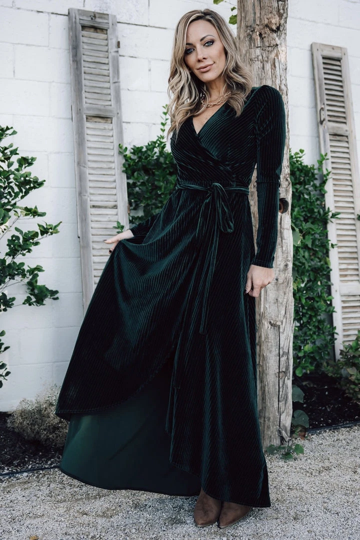 BB Custom Jada Ribbed Velvet Wrap Dress | Emerald 9 BB Custom Jada Ribbed Velvet Wrap Dress | Emerald