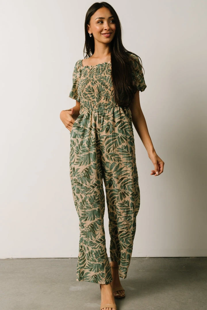 HAY Vacation Jane Smocked Jumpsuit | Sage Palm Print 2 HAY Vacation Jane Smocked Jumpsuit | Sage Palm Print