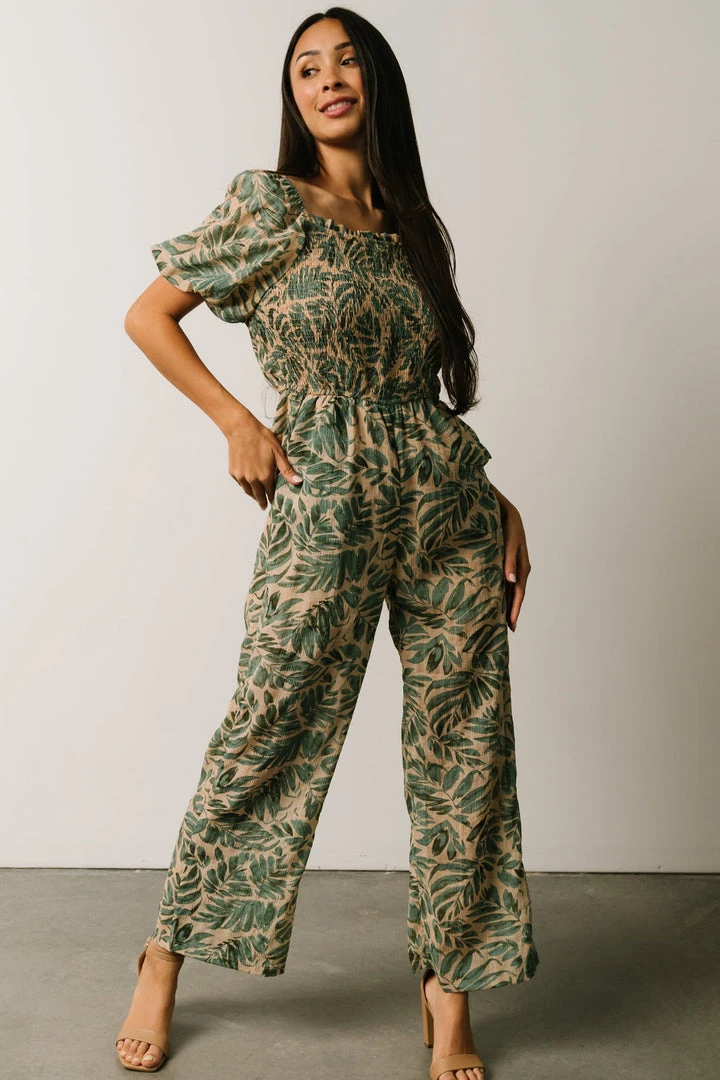HAY Vacation Jane Smocked Jumpsuit | Sage Palm Print 1 HAY Vacation Jane Smocked Jumpsuit | Sage Palm Print