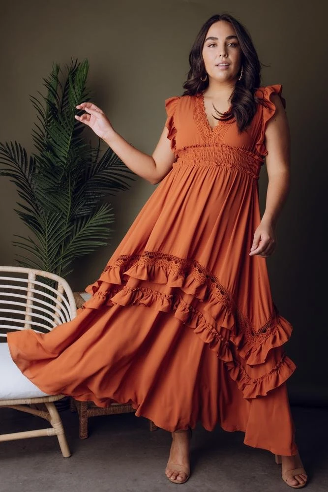 BB Custom Dresses Jasmine Ruffle Maxi Dress | Rust 1 BB Custom Dresses Jasmine Ruffle Maxi Dress | Rust