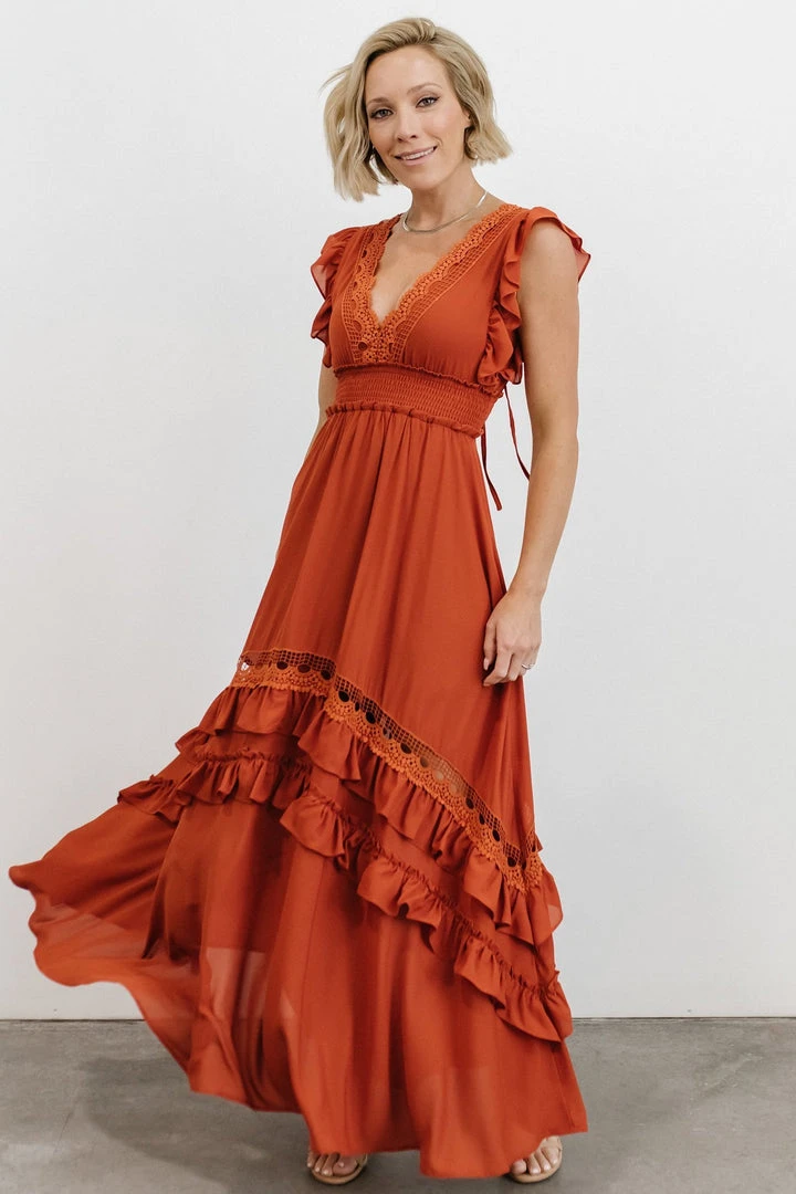 BB Custom Dresses Jasmine Ruffle Maxi Dress | Rust 10 BB Custom Dresses Jasmine Ruffle Maxi Dress | Rust
