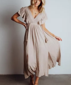 BB Custom Jennifer Deep V Maxi Dress | Sand