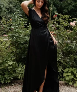 BB Custom Krystal Satin Wrap Gown | Black