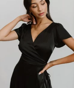 BB Custom Krystal Satin Wrap Gown | Black