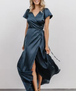 BB Custom Krystal Satin Wrap Gown | Deep Blue Dresses