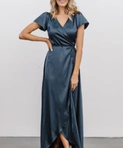 BB Custom Krystal Satin Wrap Gown | Deep Blue Dresses