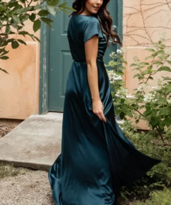 BB Custom Krystal Satin Wrap Gown | Deep Blue Dresses