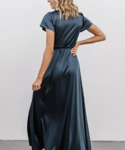 BB Custom Krystal Satin Wrap Gown | Deep Blue Dresses