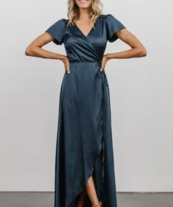 BB Custom Krystal Satin Wrap Gown | Deep Blue Dresses