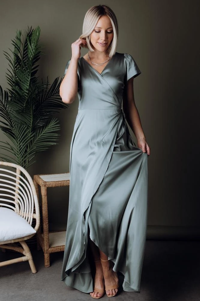 BB Custom Dresses Krystal Satin Wrap Gown | Eucalyptus 3 BB Custom Dresses Krystal Satin Wrap Gown | Eucalyptus