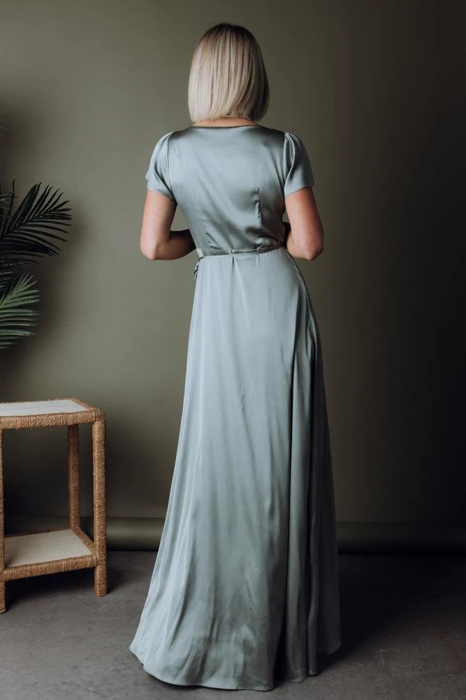 BB Custom Dresses Krystal Satin Wrap Gown | Eucalyptus 6 BB Custom Dresses Krystal Satin Wrap Gown | Eucalyptus