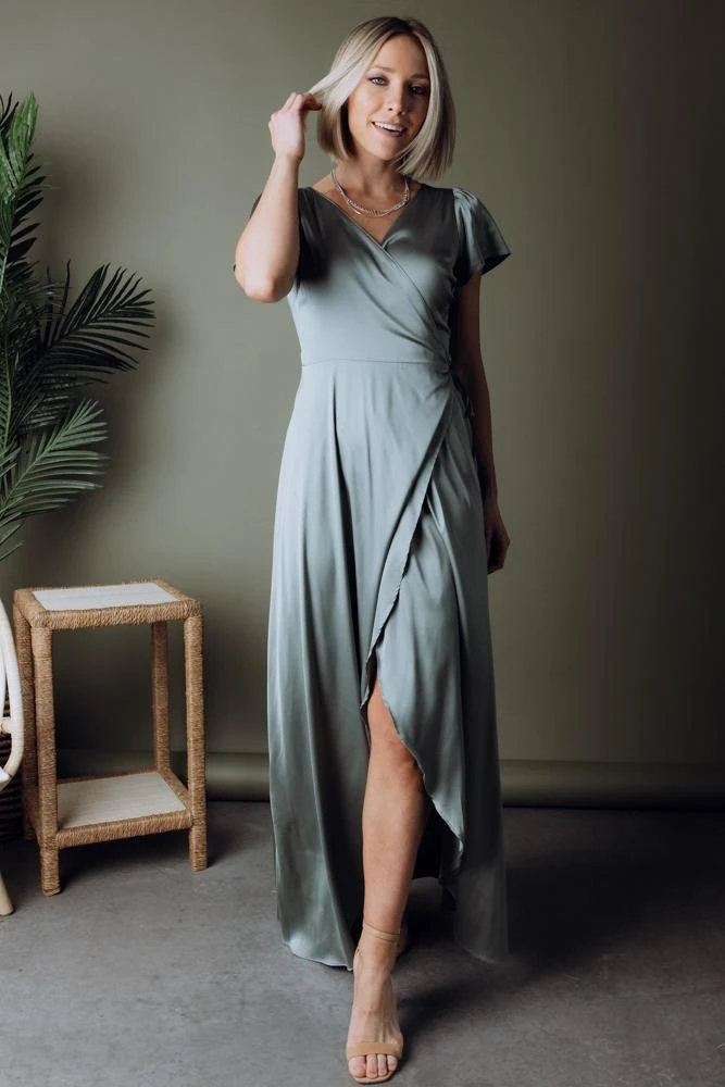 BB Custom Dresses Krystal Satin Wrap Gown | Eucalyptus 9 BB Custom Dresses Krystal Satin Wrap Gown | Eucalyptus