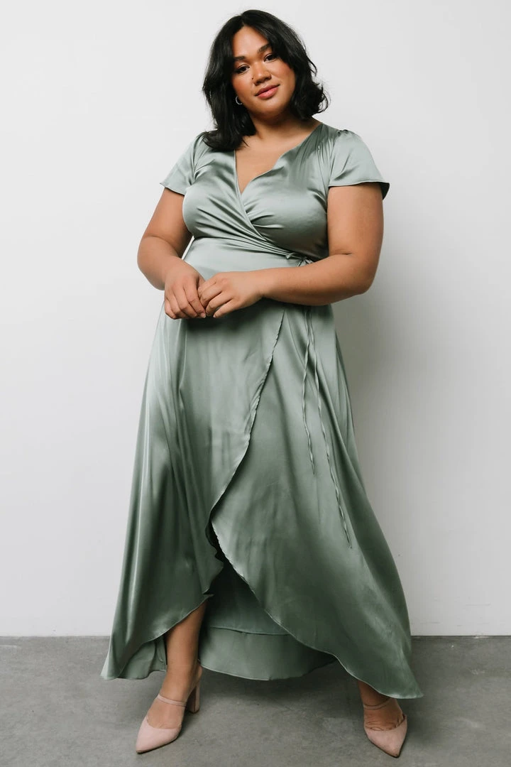 BB Custom Dresses Krystal Satin Wrap Gown | Eucalyptus 1 BB Custom Dresses Krystal Satin Wrap Gown | Eucalyptus