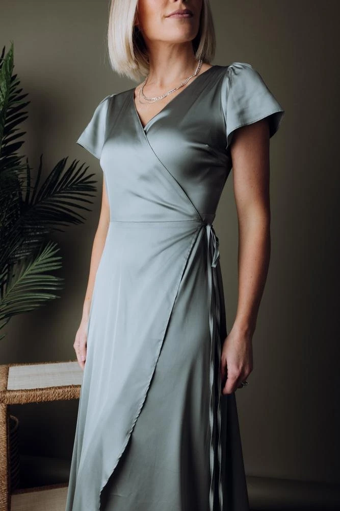 BB Custom Dresses Krystal Satin Wrap Gown | Eucalyptus 4 BB Custom Dresses Krystal Satin Wrap Gown | Eucalyptus