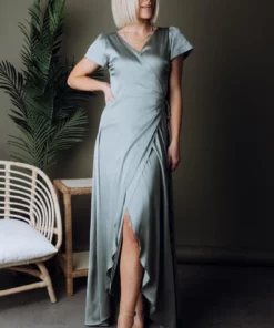 BB Custom Dresses Krystal Satin Wrap Gown | Eucalyptus 20 BB Custom Dresses Krystal Satin Wrap Gown | Eucalyptus
