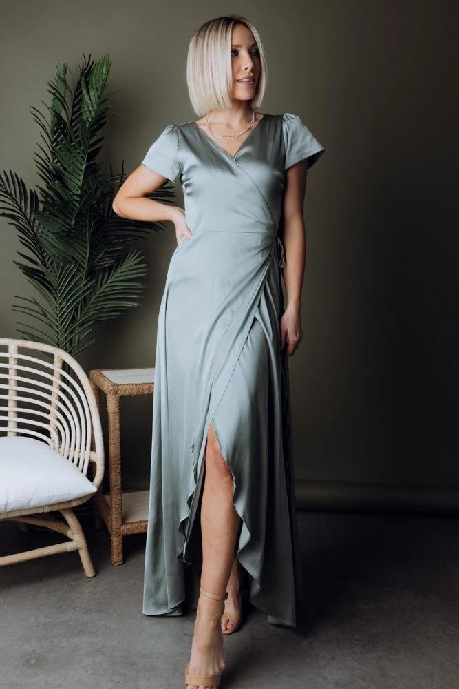 BB Custom Dresses Krystal Satin Wrap Gown | Eucalyptus 10 BB Custom Dresses Krystal Satin Wrap Gown | Eucalyptus