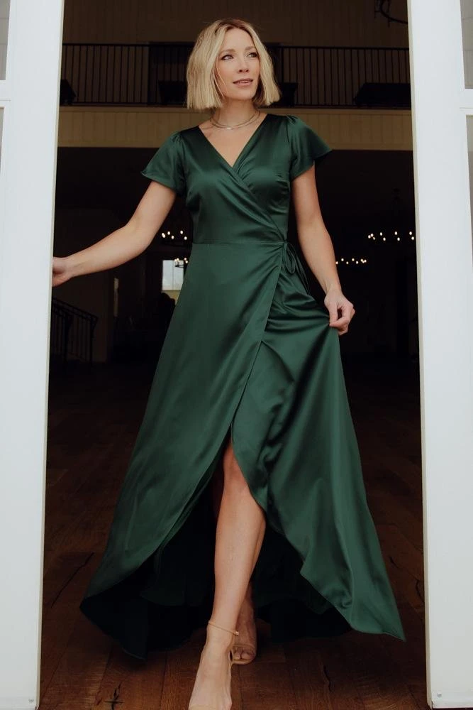 BB Custom Dresses Krystal Satin Wrap Gown | Green 1 BB Custom Dresses Krystal Satin Wrap Gown | Green