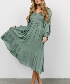 IL Lainey Smocked Dotted Midi Dress | Dark Sage Dresses