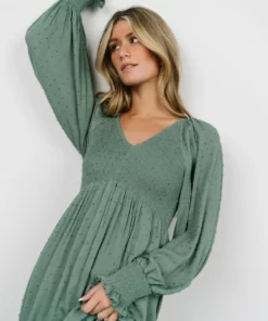 IL Lainey Smocked Dotted Midi Dress | Dark Sage Dresses