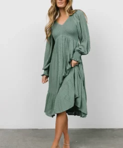 IL Lainey Smocked Dotted Midi Dress | Dark Sage Dresses