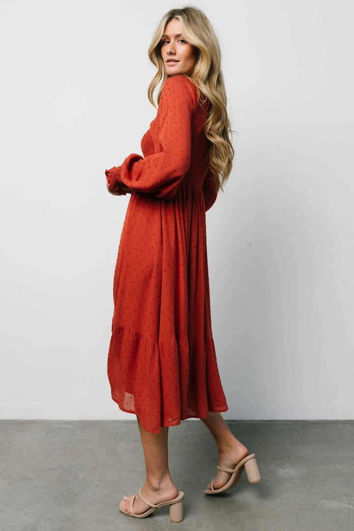 IL Lainey Smocked Dotted Midi Dress | Rust 3 IL Lainey Smocked Dotted Midi Dress | Rust