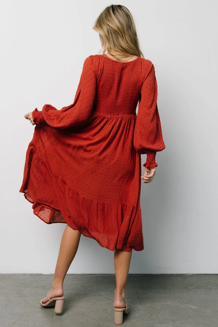 IL Lainey Smocked Dotted Midi Dress | Rust 5 IL Lainey Smocked Dotted Midi Dress | Rust