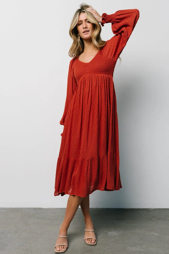 IL Lainey Smocked Dotted Midi Dress | Rust 1 IL Lainey Smocked Dotted Midi Dress | Rust