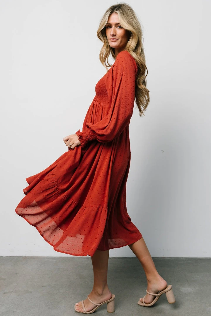 IL Lainey Smocked Dotted Midi Dress | Rust 4 IL Lainey Smocked Dotted Midi Dress | Rust