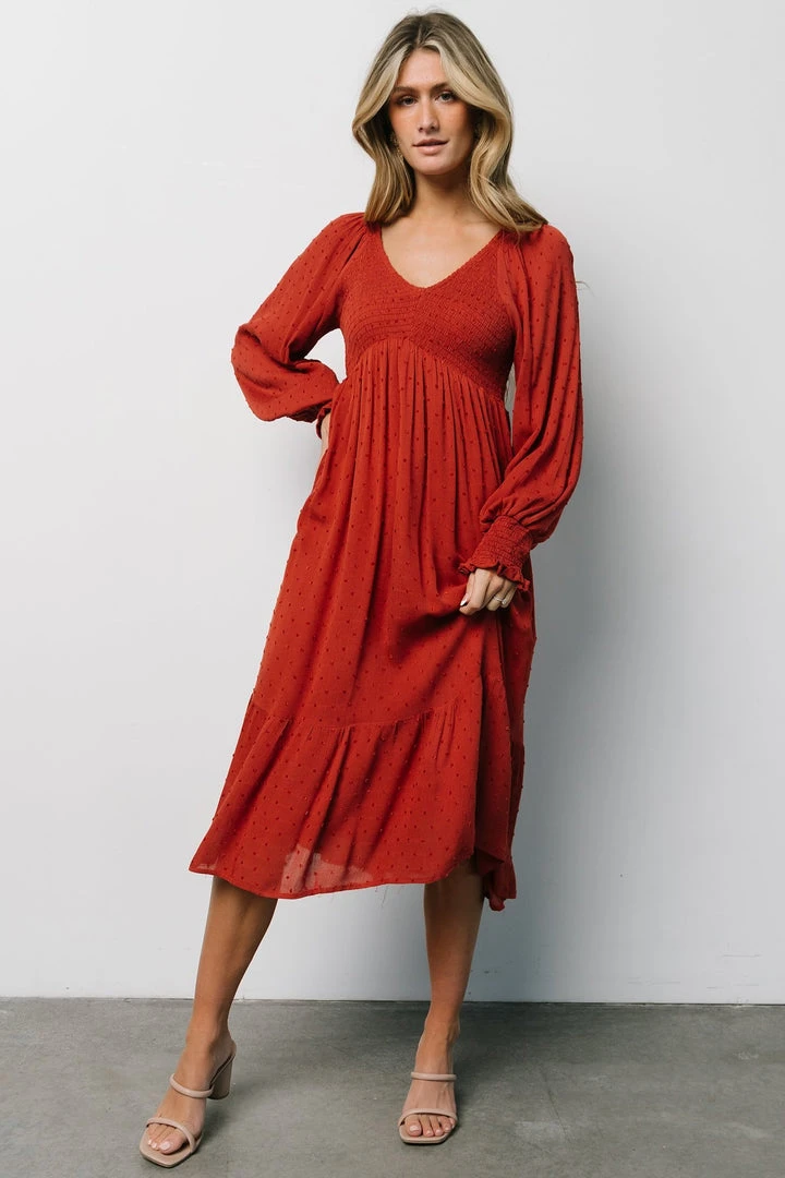 IL Lainey Smocked Dotted Midi Dress | Rust 9 IL Lainey Smocked Dotted Midi Dress | Rust