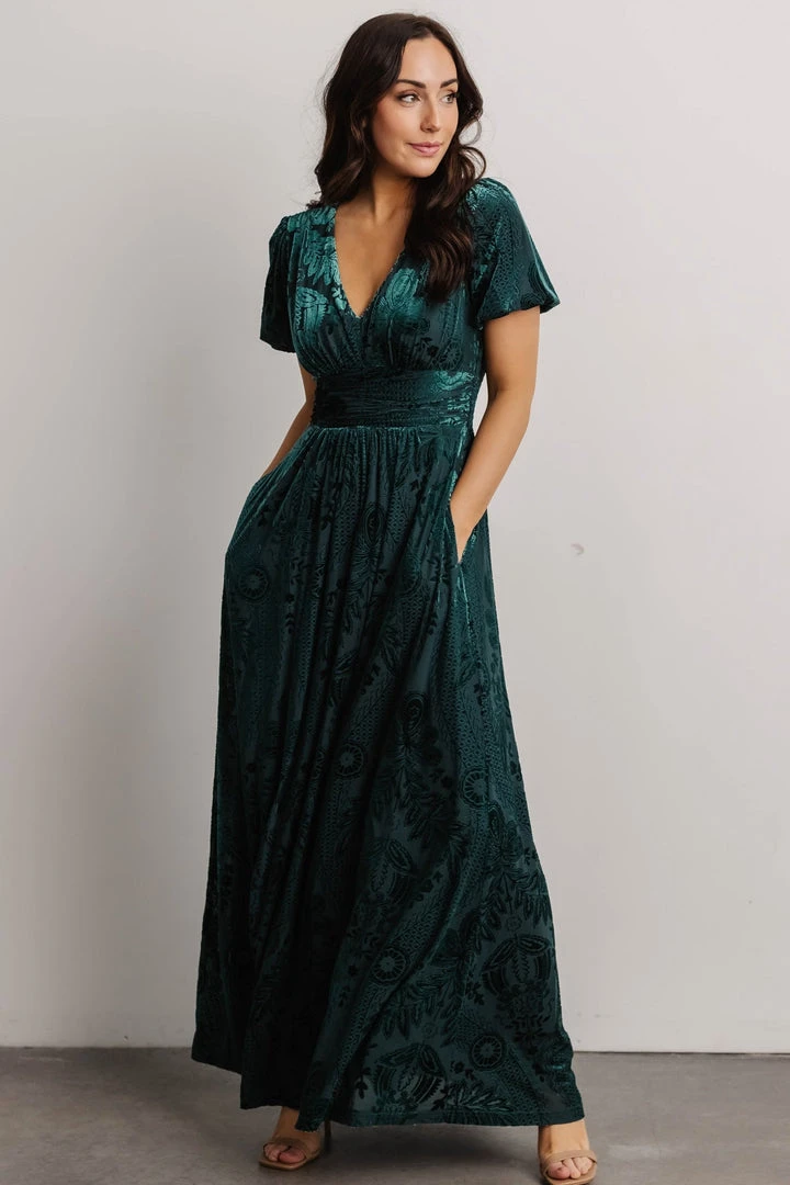 BB Custom Dresses Leslie Embossed Velvet Maxi | Emerald 4 BB Custom Dresses Leslie Embossed Velvet Maxi | Emerald