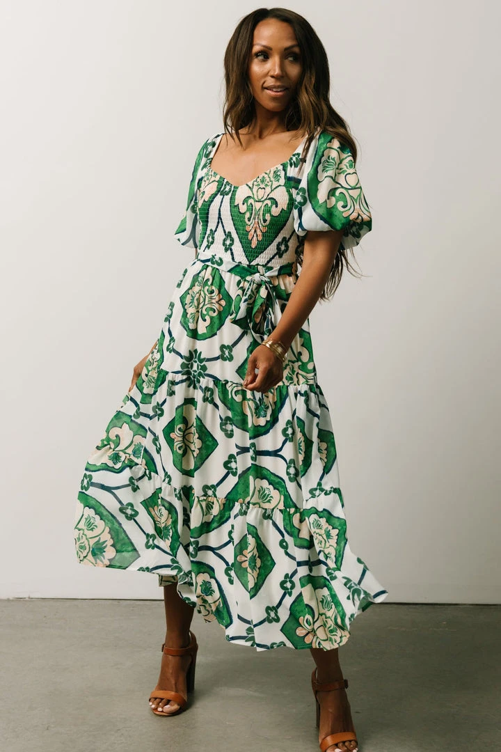 FT Dresses Lisandro Puff Sleeve Midi Dress | Ivory + Green Multi Print 2 FT Dresses Lisandro Puff Sleeve Midi Dress | Ivory + Green Multi Print