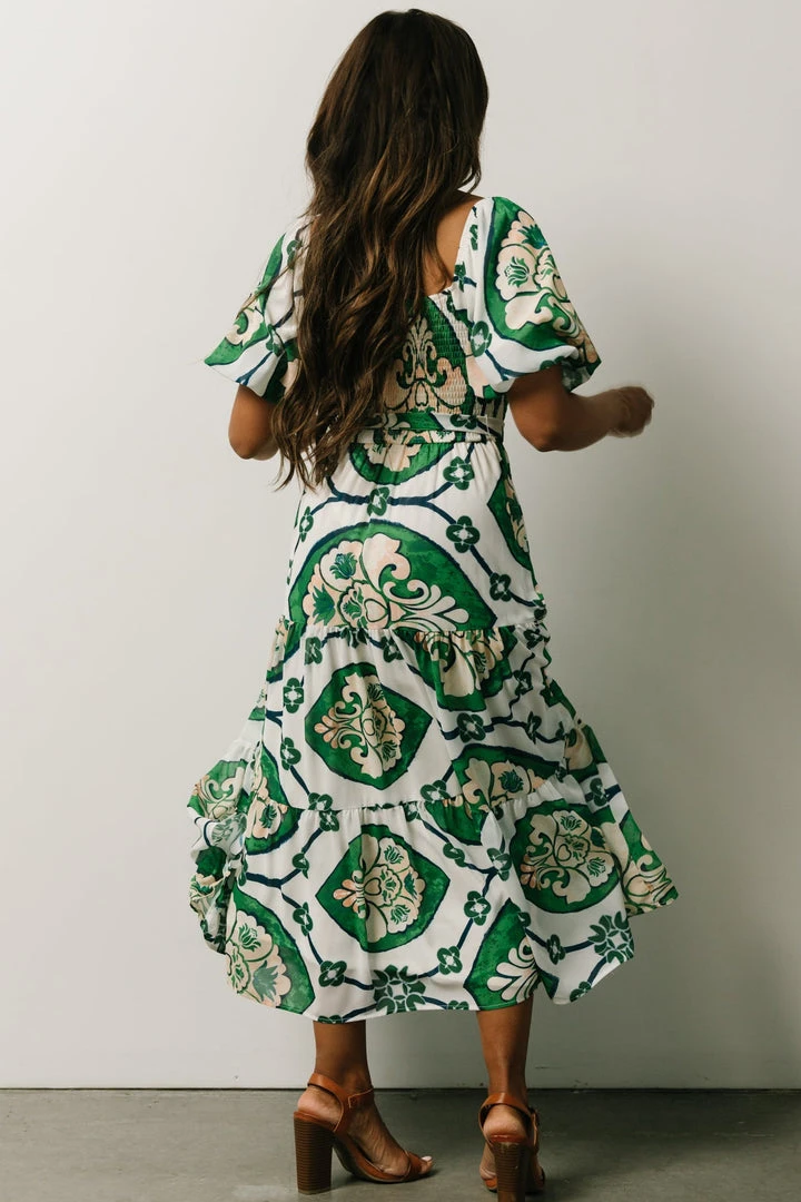 FT Dresses Lisandro Puff Sleeve Midi Dress | Ivory + Green Multi Print 3 FT Dresses Lisandro Puff Sleeve Midi Dress | Ivory + Green Multi Print